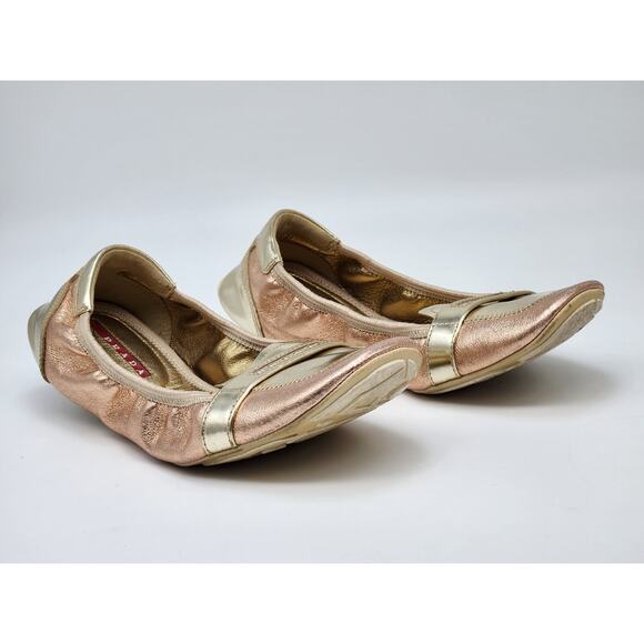 Prada Pink/Pewter Metallic Leather Elastic Loafer Flat Size 37.5 US 7 - Picture 1 of 15